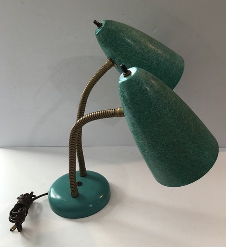 Vintage doppelte Schwanenhals Schreibtischlampe MCM grün Fiberglasschirme ~ funktioniert super! - Bild 6 von 12