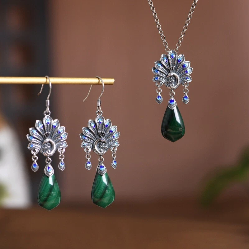 L05 Ciondolo Pavone Con Goccia In Malachite Verde Argento Sterling 925 - Immagine 3 di 3