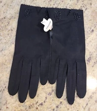 New! Vintage Women's Size M 7 Black Cotton Formal 8" Gloves Beaded Leaf
