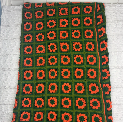 Handmade Crochet Afghan Granny Square Blanket Green Orange 57”x 86” Approx - Picture 5 of 8