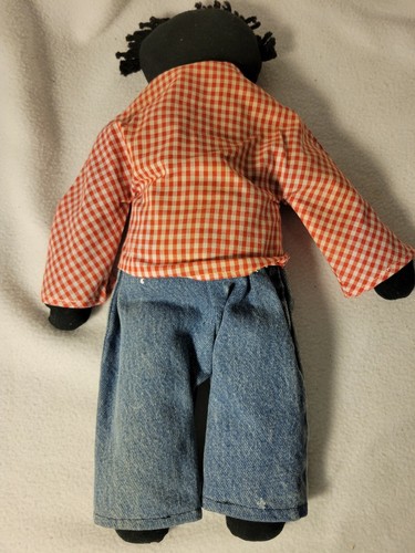 Vintage schwarze Volkskunst Puppe genäht männlich Puppe mit Arbeitskleidung - Bild 3 von 7