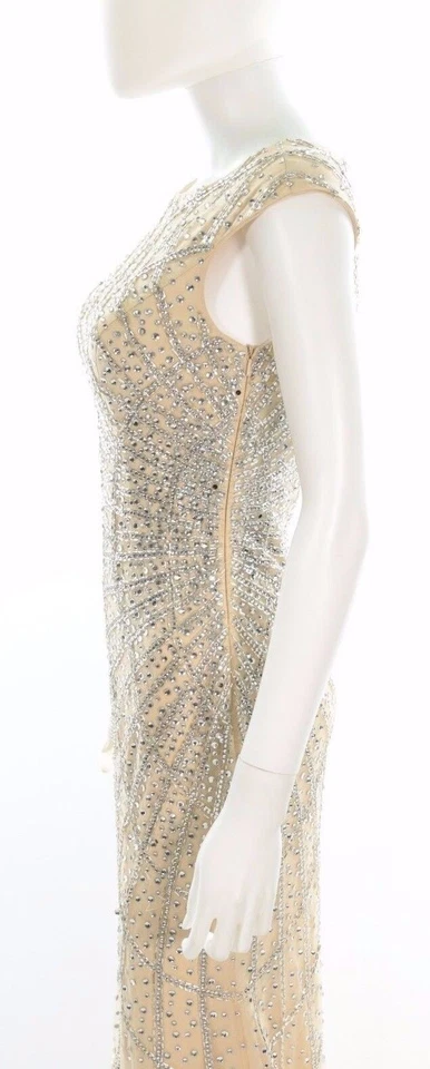 Vestido Terani Couture Cristal Crema Largo Desfile Cierre Lateral Cremallera Talla 4 Foto 4 de 4