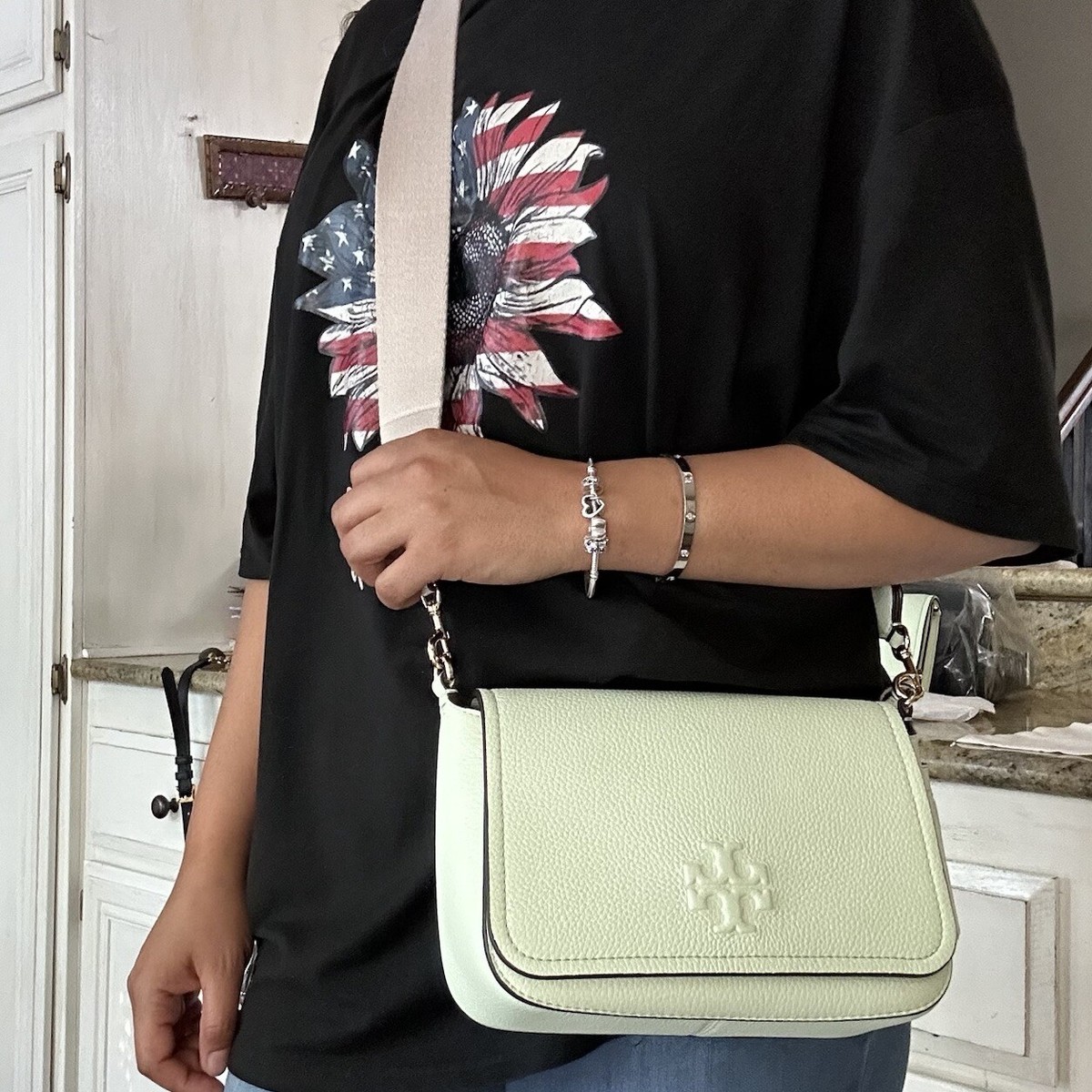 NWT Tory Burch Thea Web Flap Pebbled Leather Crossbody in