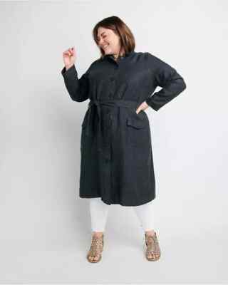 Ryllace Plus Size 20 Organic Linen Coat Button Front Belted Lightweight Navy NWT