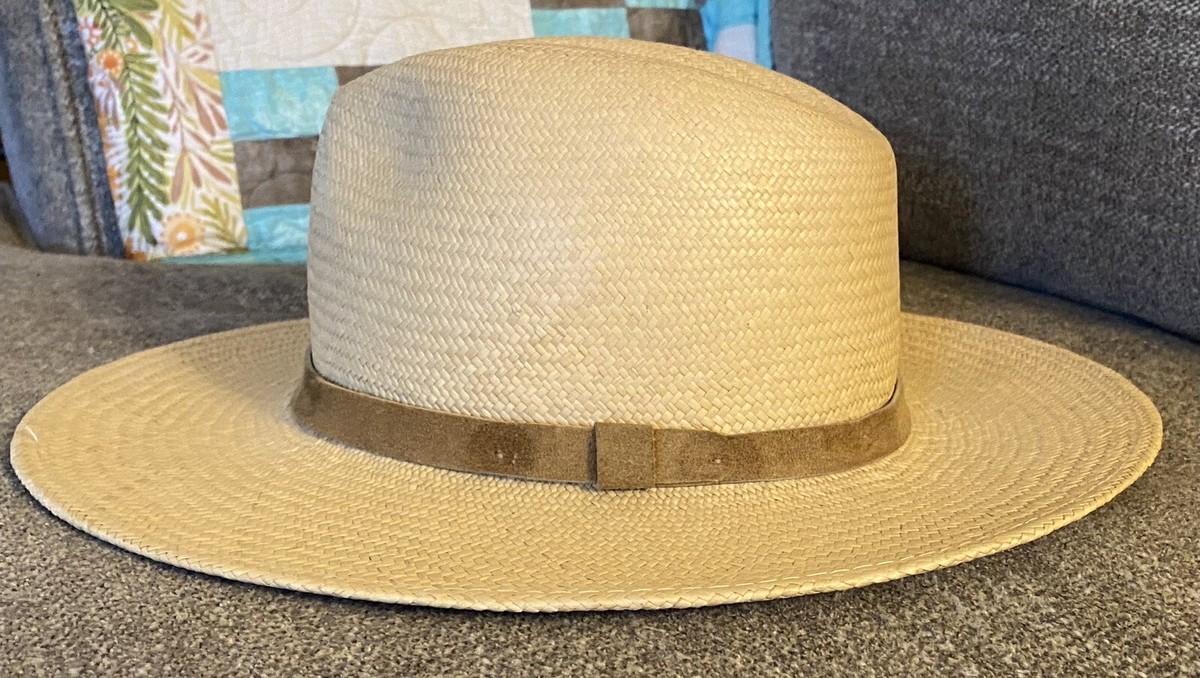 Eddie Bauer Vintage Handwoven Ecuador Panama Straw Wide Brim Hat Size Medium Eddie Bauer Woven Panama Sun Hat Floral Fabric Band Trim  main image 4