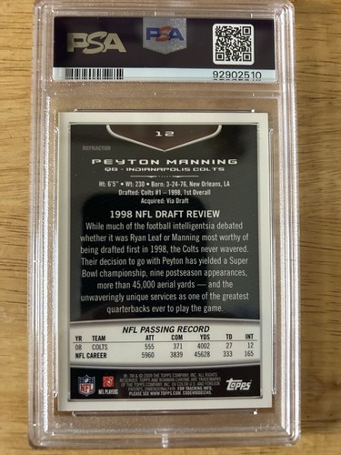PEYTON MANNING 2009 Bowman Chrome Refractor #12 - COLTS - PSA 9 MINT - Picture 2 of 2
