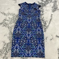 Tadashi Shoji Blue Floral Sheath Dress Womens Size Large Cap Sleeve Zip Midi