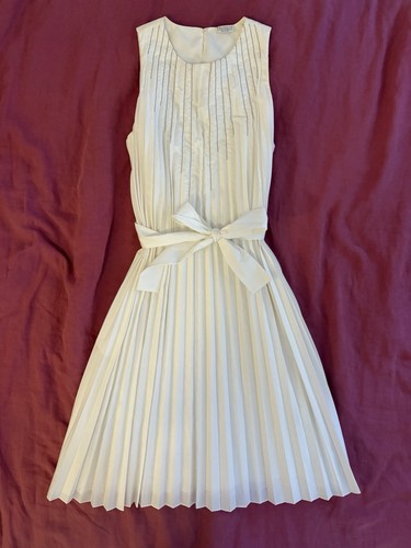 Brunello Cucinelli Women’s White Pleated A-Line Knee Dress Scoop Neck L