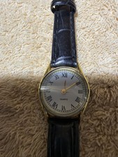 Gold Tone Roman Numeral Quartz Watch Black Leather Band New Battery