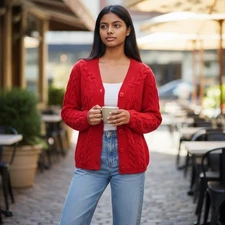 Charter Club Cardigan Sweater Women's Large Red Cable Knit  Long Sleeve Cotton