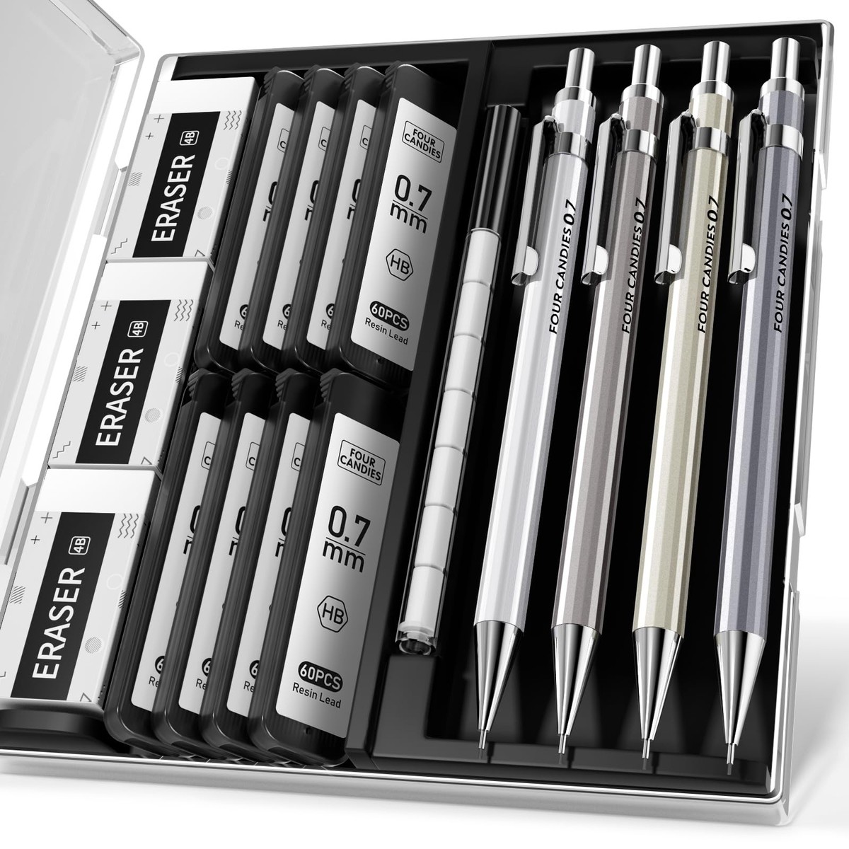 Four Candies 0.7mm Mechanical Pencil Set with Case - 4PCS Metal