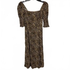 Blue Rain Brown Leopard Print Boutique Boho Puff Sleeve Maxi Dress Size Small