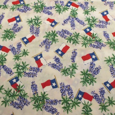 Cotton Fabric Bluebonnets Texas Theme Flag On White BTY x 44 craft quilt
