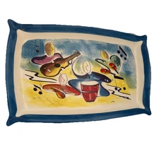 Music Themed Signed Ceramic Art Platter Bright Colors Notes Instruments 15” X 9”