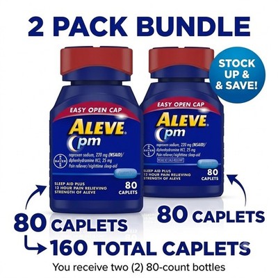 2 Pack Aleve PM Pain Reliever Sleep Aid 80 Caplets Each (160 Total) Exp 2027+