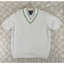 Brooks Brothers Cable Knit Tennis Sweater Youth XL White Green V-Neck Short Slv