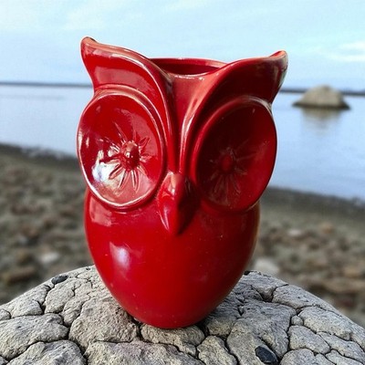 Lerman Decor Multi Purpose Red Ceramic Owl Utensil Holder Vase Succulent Planter