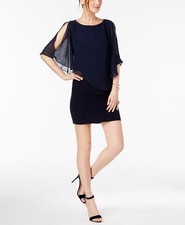 Xscape Women's Blue Asymmetric Beaded Chiffon Capelet Sheath Dress Size 6