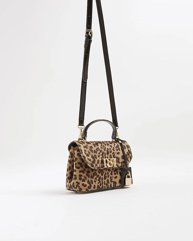 River Island Womens Tote Bag Brown Leopard Print RR Detachable Strap Grab Handle