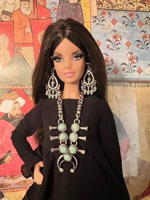 Handmade Jewelry for Fashion Doll - Turquoise Squash Blossom Necklace & Earrings