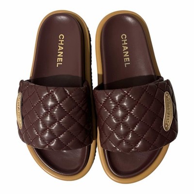 CHANEL Women Quilted Logo Leather Slide Sandals Burgundy Tan Slip size 38