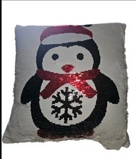 Reversible Sequined Christmas Penguin Pillow 14 X 14 In
