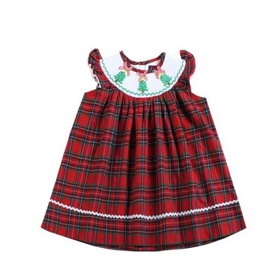 Lil Cactus Red & Green Plaid Christmas Tree Smocked Bishop Dress