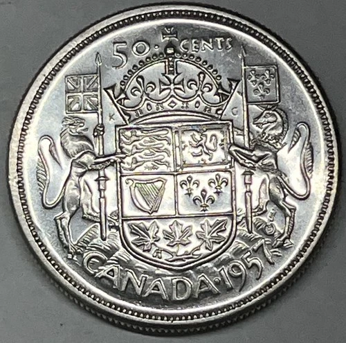 1957 Canada Silver 50 (Fifty) Cents. A Bright Vivid Bold Coin.