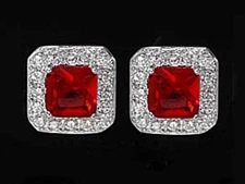 925 REAL SILVER RHODIUM PLATED *** Stud Earrings Rectangle Square 8x8mm, Cubic Zirconia Red