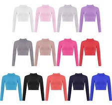 New Womens Turtle Neck Crop Basic Long Sleeve TShirt Ladies Short Plain Top 8-14