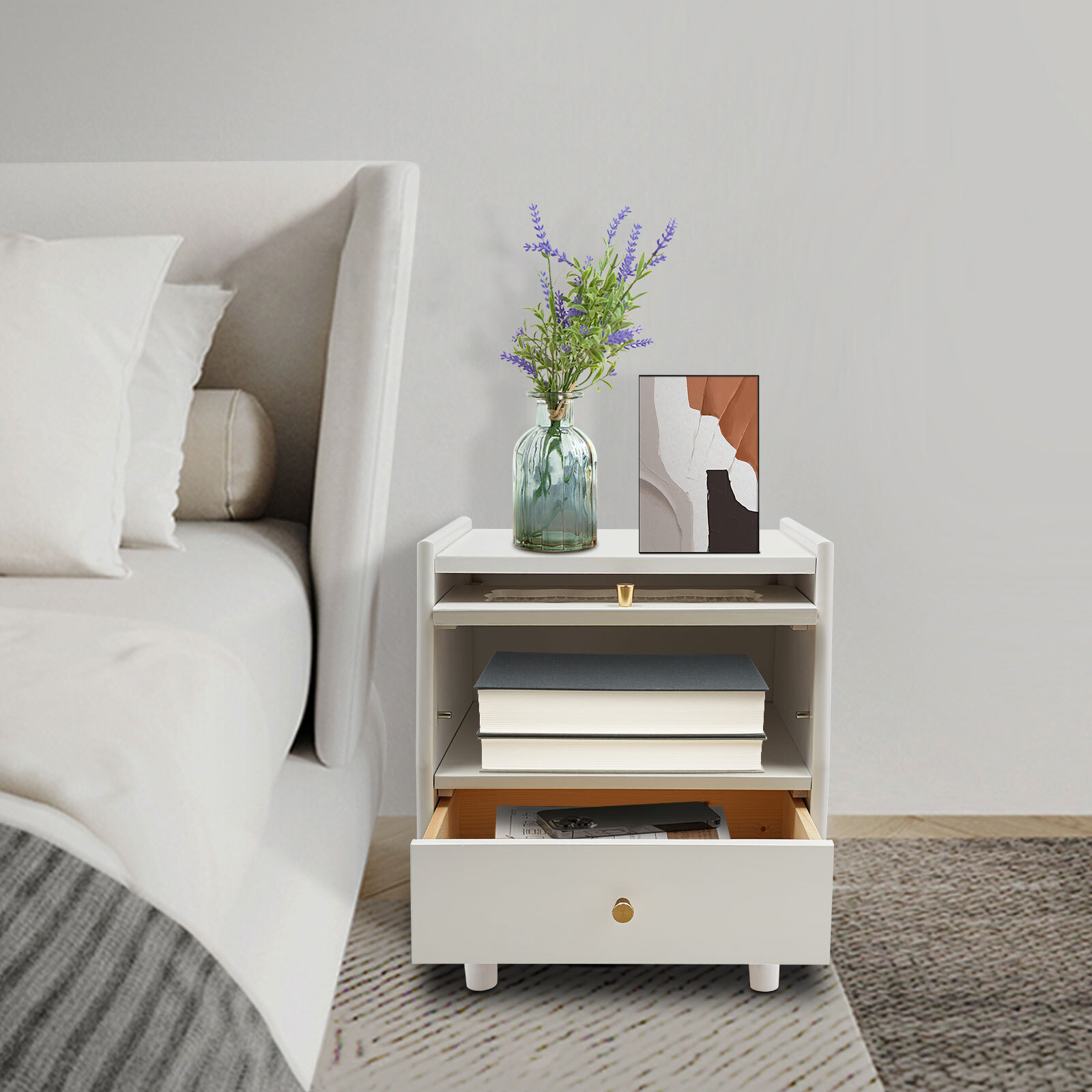 Modern White Rubberwood & Glass 2-Tier Bedside Cabinet 48cm