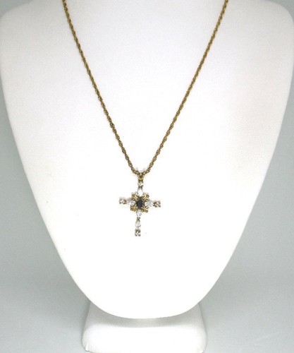 Cross Pendant Necklace w Blue Sapphire / White CZ’s 12K Gold Filled Chain - Picture 3 of 5