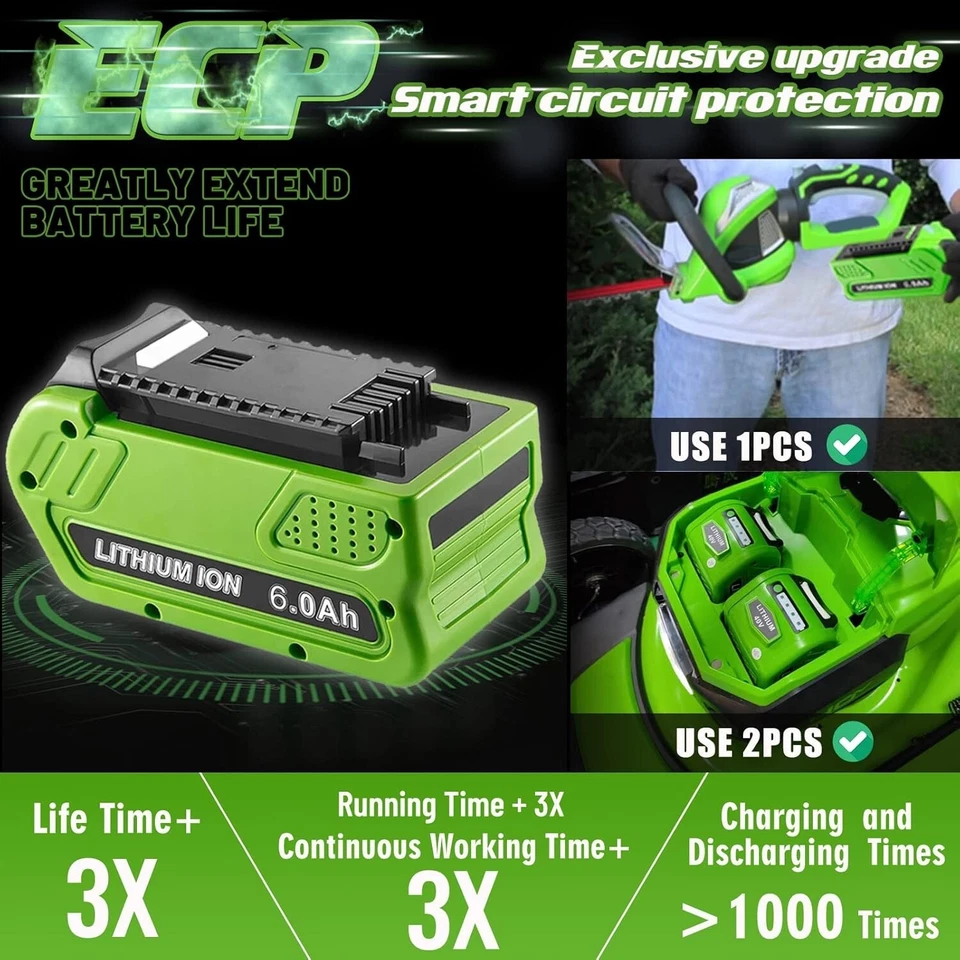 40V 8.0Ah 适用于 Greenworks G-MAX 锂电池 29472 29462 29252 20202 或充电器 — 第 2/4 张图片