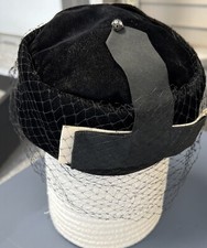 Womens Vintage Hat Pill Box 1950s Style Black Velvet Netting Fuzzy Veil Topper