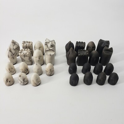 Chess Piece Carved Stone Chess Marbled White Matte Black Replacement Incomplete