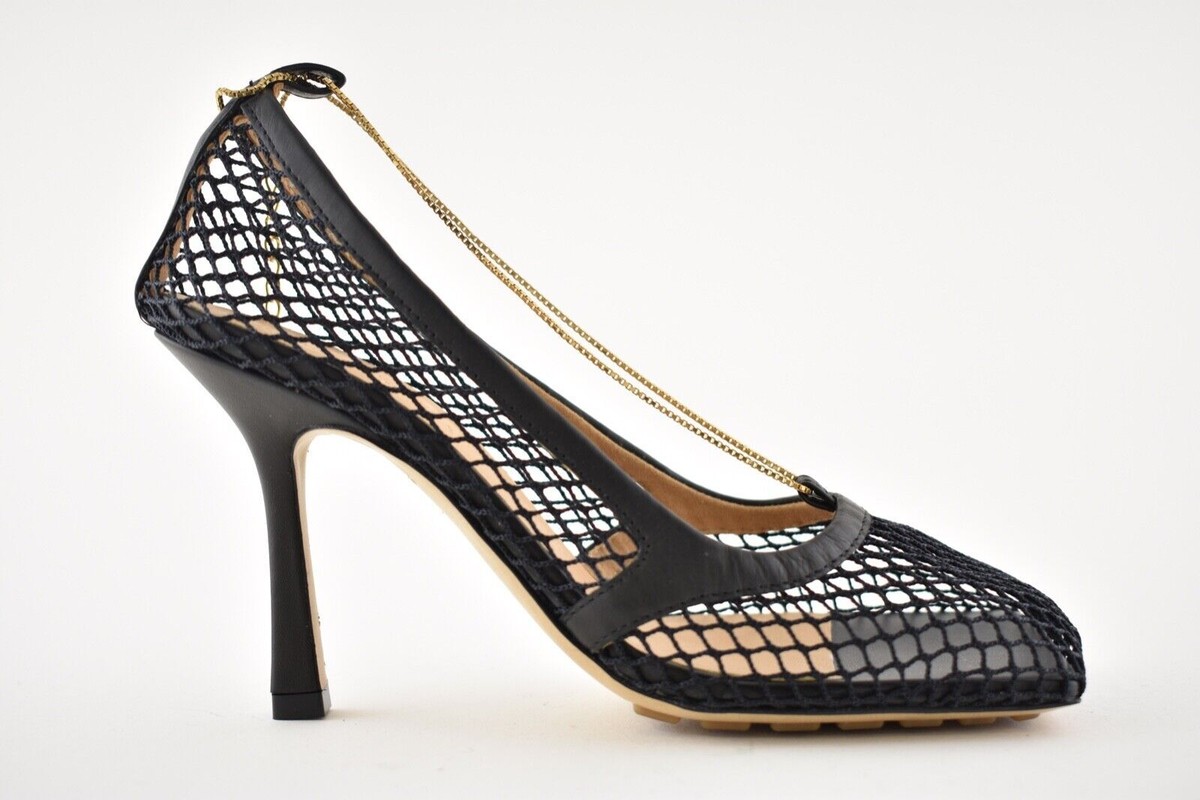 Bottega Veneta Black Net Mesh Leather Square Toe Gold Chain