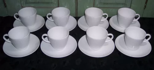 8 Vintage Corning Centura White Coupe Flat Coffee Cups & Saucers 3"