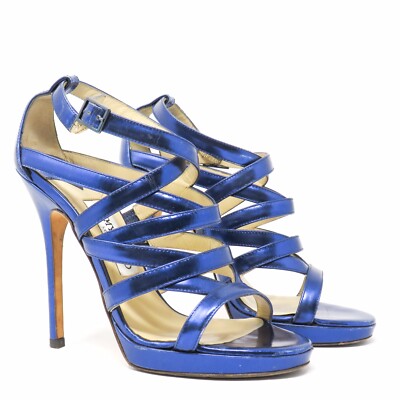 Jimmy Choo Blue Patent Leather Strap Stiletto Heels Open Toe
