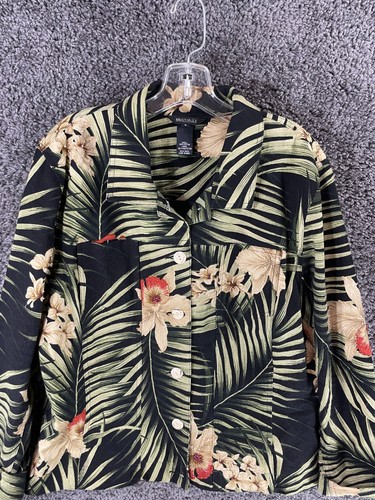 Multiples Jacket Women's Size 2 Black Green 100% Cotton Tropical Button Front - Picture 8 of 14