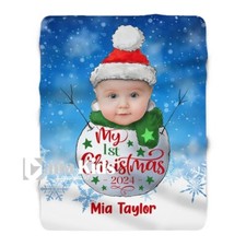 Personalized Baby's First Christmas Blanket, Baby Snowman Custom Photo Blanket