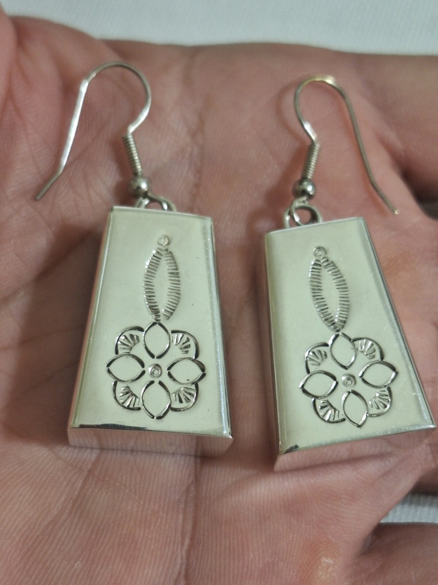 Highly Detailed Cowbell Vintage Native American Navajo Sterling Silver Earrings Highly Detailed Cowbell Vintage Native American Navajo Sterling Silver Earrings