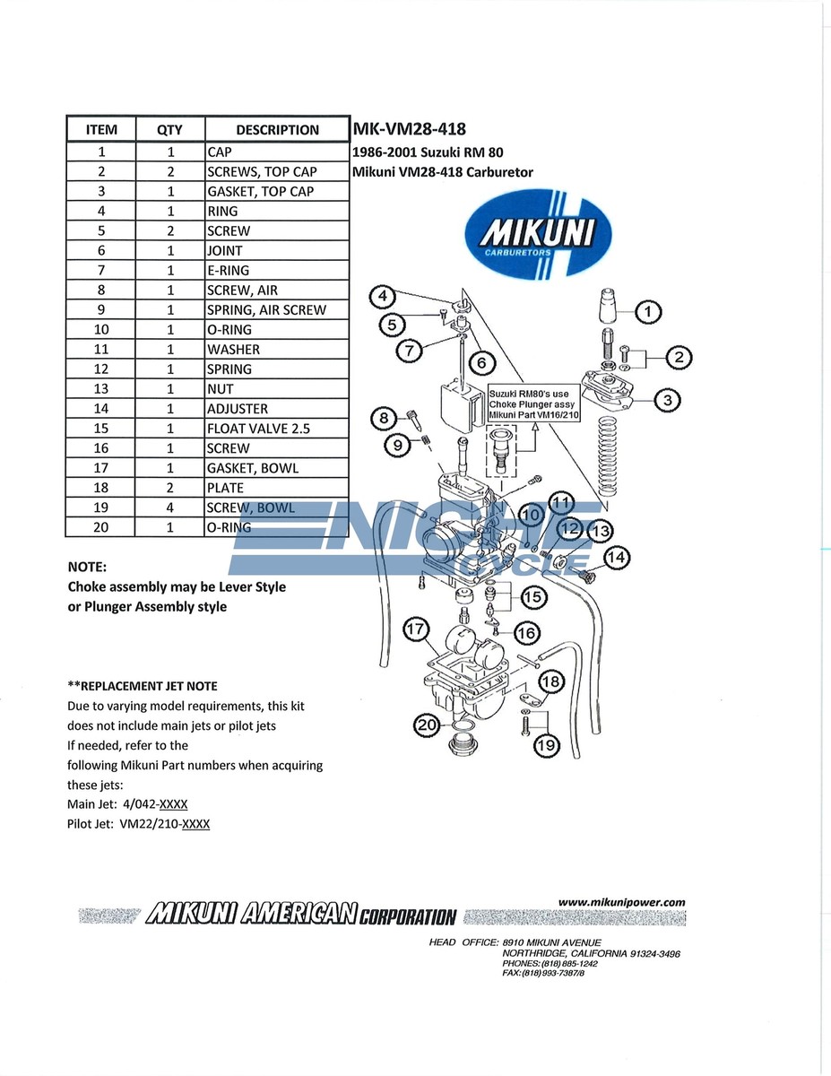 Genuine Mikuni OEM Carburetor Rebuild Kit for Suzuki RM80 86-2001