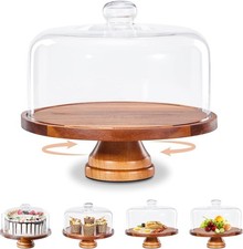 Glass Cake Stand with Lid,11in Wooden Rotating Cake Stand with Dome Cover, Ca...