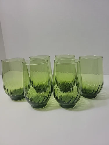 Vtg Avocado Green Swirl Juice Glasses - Anchor Hocking 1970s SET Of 6 ~ 4 1/2" T