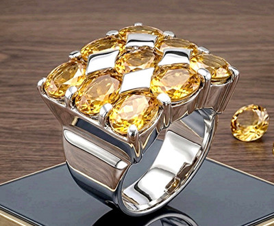 925 Sterling Brutalist Citrine Merchant Ring   Size 8.5   Leo   Cluster   R659