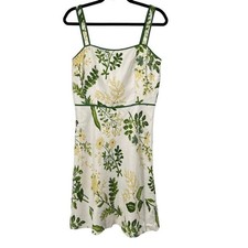 Ann Taylor‎ White Green Filigree Retro Linen Blend Dress Womens 10P