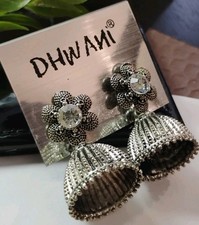Exotic DHWANI Brand Jhumka 1.5" Oxidized Silver Tone w/Rhinsetones Earrings