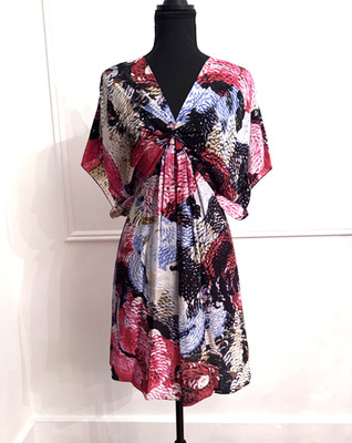Leifsdottir Anthropologie River Fish Silk Mini Dress Sz 0 Red V-Neck Tunic