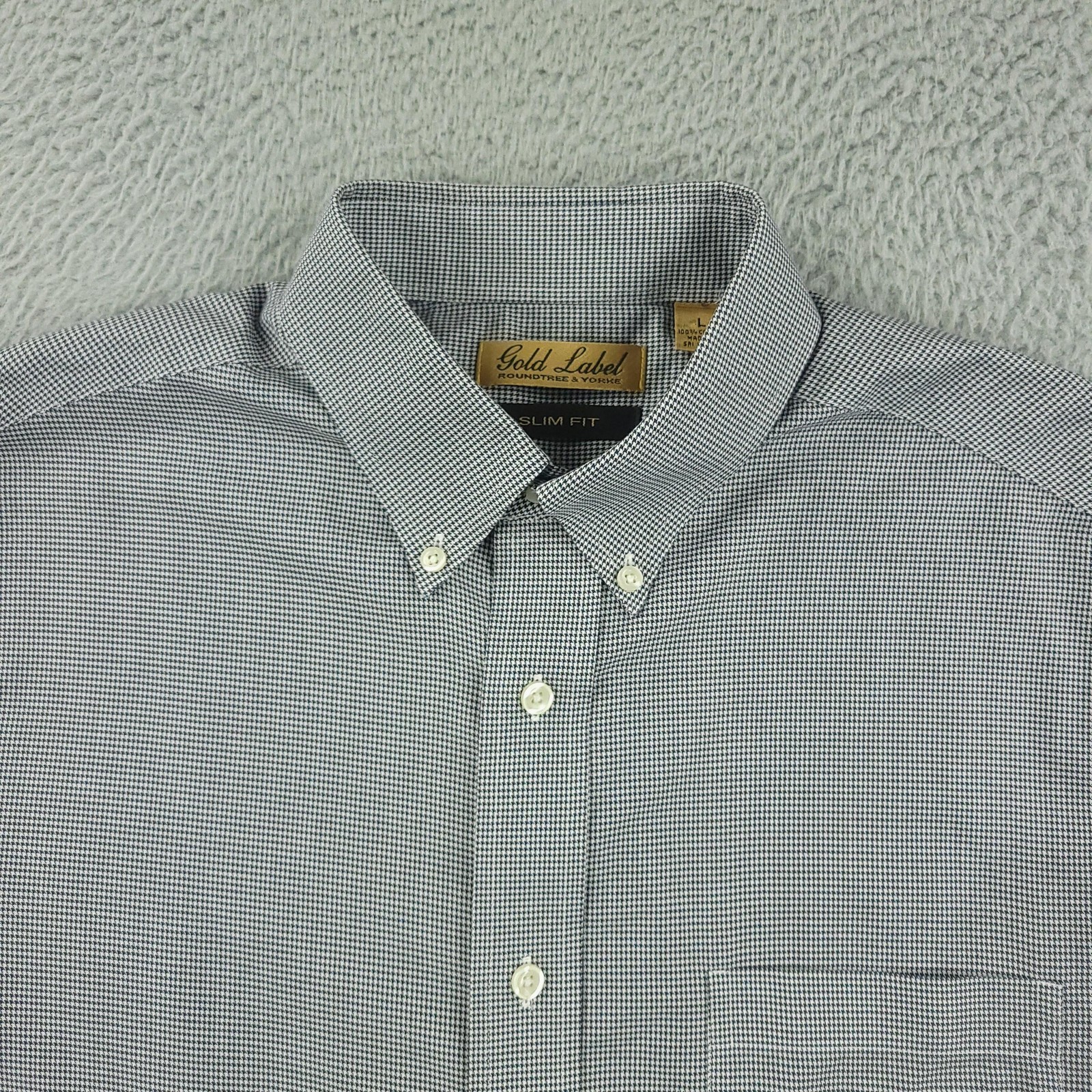 Roundtree & Yorke Gold Label Shirt Mens Large Gray Check Short Sleeve Slim Fit