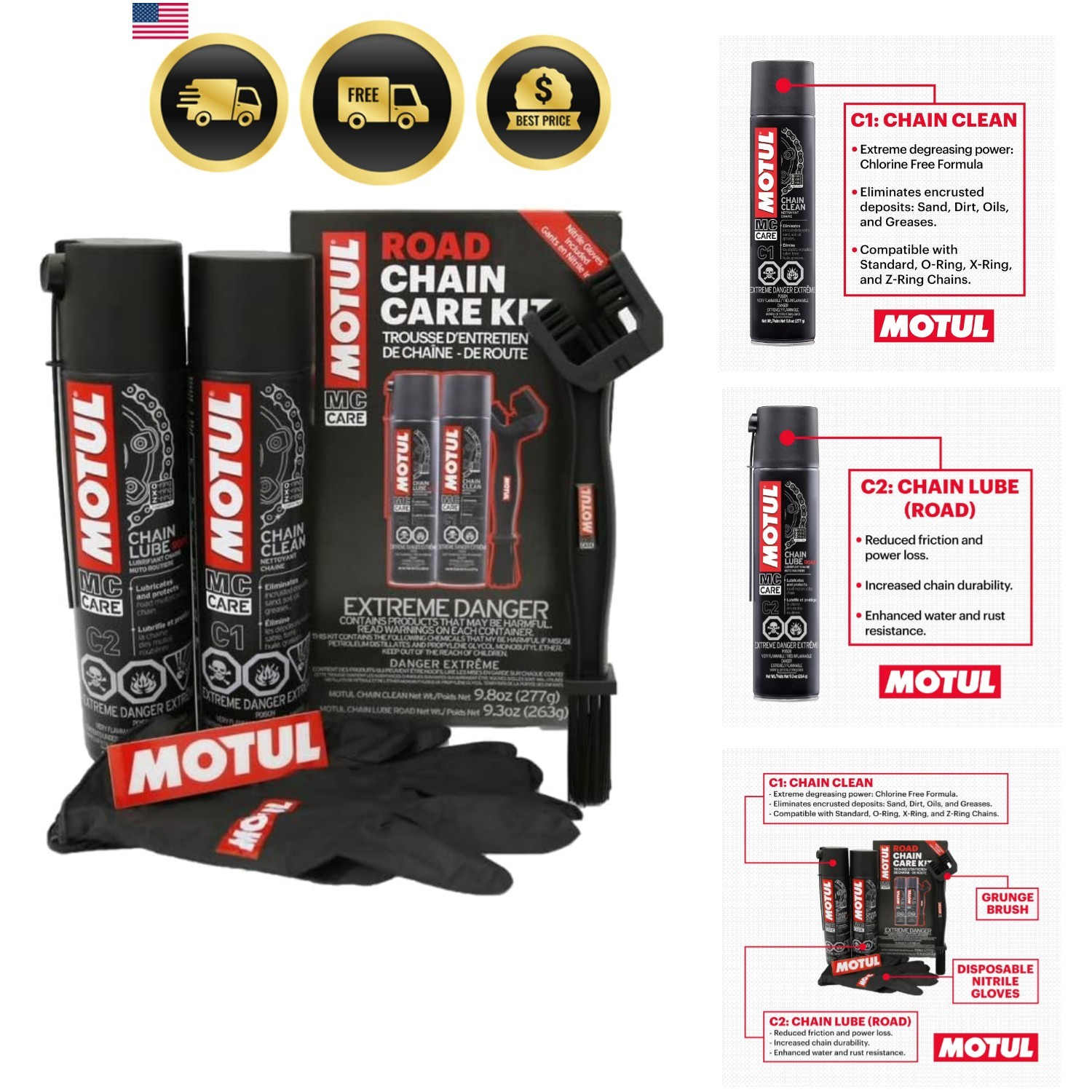 C1 Chain Cleaner and C2 Motorcycle Chain Lube Kit with Brush